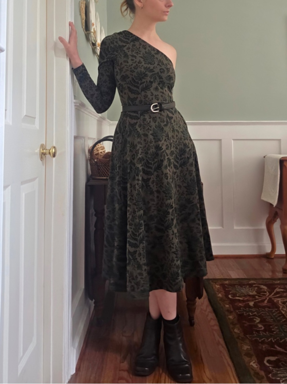 Pact Organic Cotton Olive Green One-Shoulder Floral Boho Midi Dress